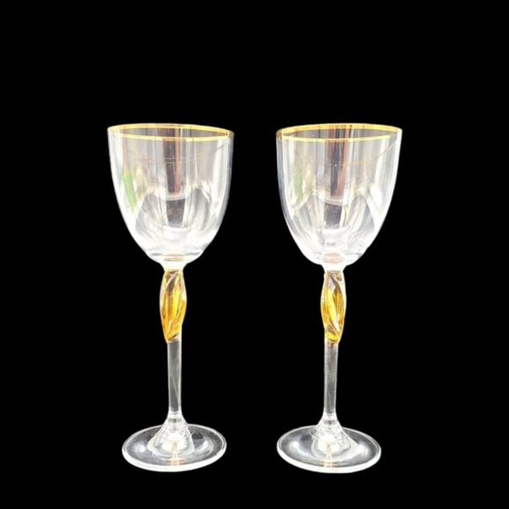 Pair of‎ Crystal Amber Wine Glasses Set Gold Gilt Formal Goblets